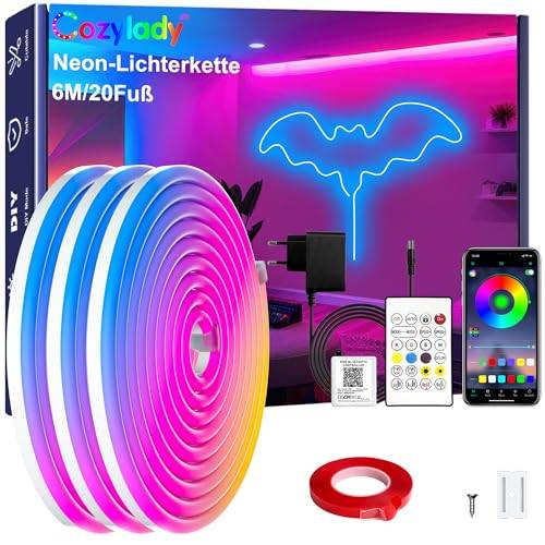Cozylady LED-neonljusremsa RGB med fjärrkontroll, appkontroll, vattentät, flexibel, 24 V LED-neonremsa för sovrum, heminredning (6 m/20 fot)