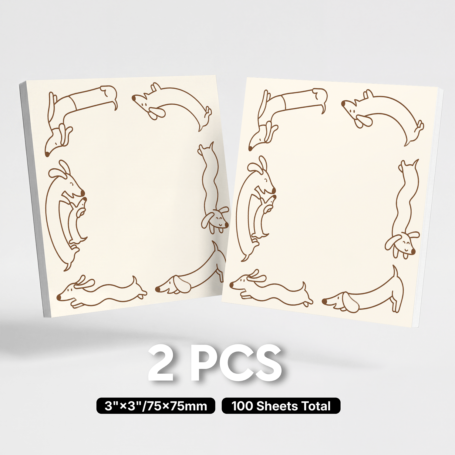 2pcs Cute Dog Sticky Notes 3x3 Inch, 75x75mm Self-adhesive Memo Pads, 100 Sheets Total, Dachshund Puppy Border Note Pads For Office Reminder