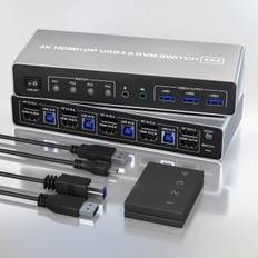 NÖRDIC KVM 4x2 Switch 4PC till Dual Monitor HDMI & DP 8K60Hz med 2x3.5mm och 2xUSB-A