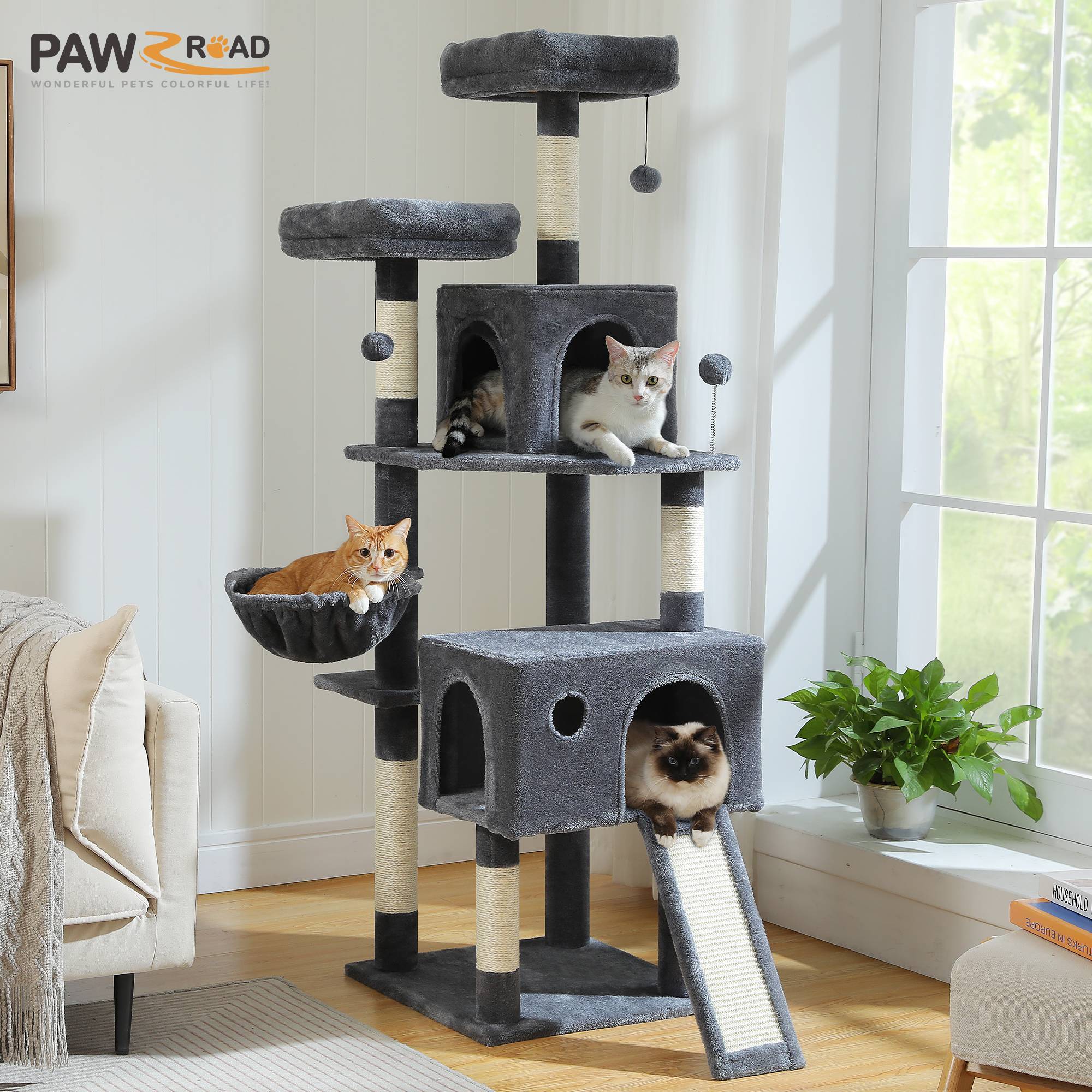 Multi-Level Cat Tree Tower with Sisal Scratching Post&Pad Cozy Hammock Luxury Large Cat Condo for Indoor Cat Toy Cat Accessories