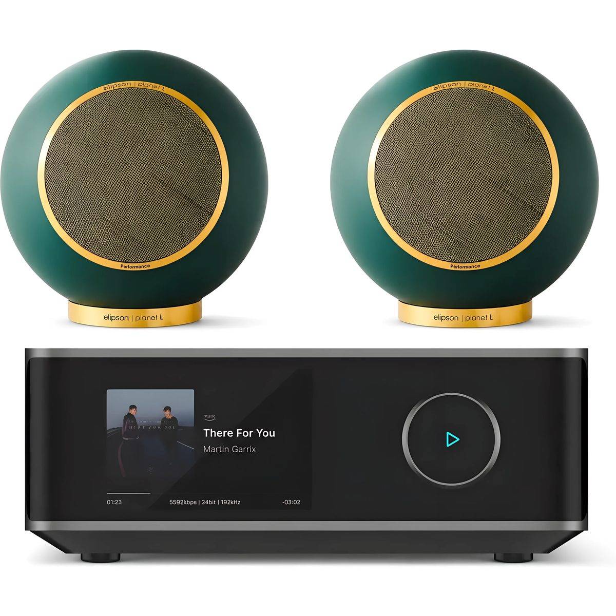 Elipson + WiiM Planet L Performance 2.0 mörkgrön gyllene (lot de 2) + Amp Ultra rymdgrå