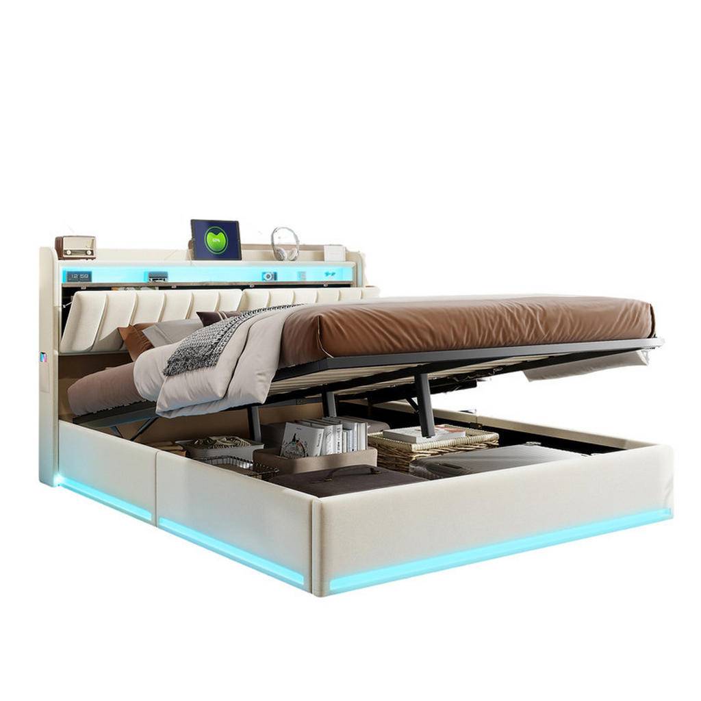 KLÄDD säng 140x200 cm beige sammet LED USB-förvaringslåda - Beige