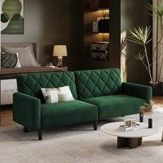 Yaheetech 2-sitsig soffa med sovfunktion, 159 cm soffa av sammetstyg, liten bäddsoffa, 140,5 x 94 cm liggyta, för vardagsrum/sovrum, grön