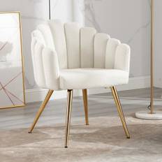 chairus Fåtölj, fuskpäls, loungestol för vardagsrum, stoppad sminkstol för sovrum, modern accentstol med metallben (vit)