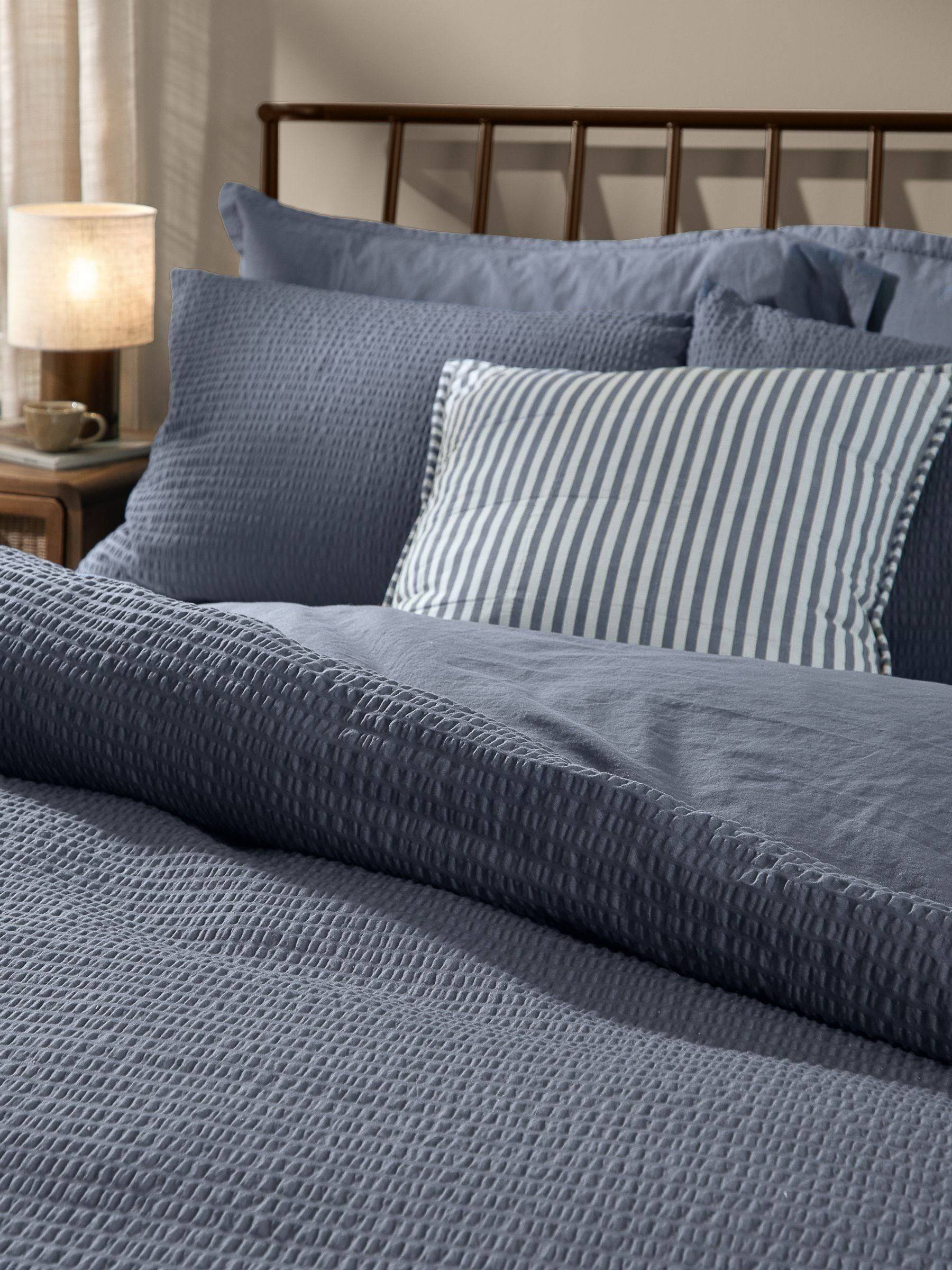 Yard Yard Denim Blue Hebden Cotton Seersucker Reversible Duvet Cover and Pillowcase Set