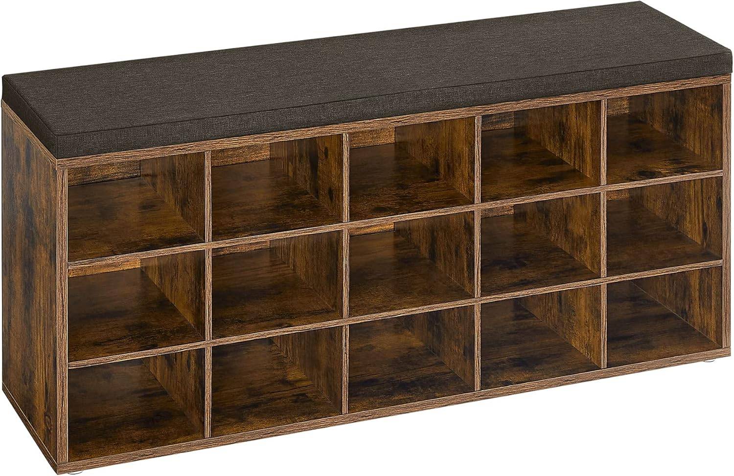 VASAGLE Shoe Rack, Shoe Bench with Seat, Shoe Cabinet with Cushion, 15 Open Storage Compartments, 30 x 105 x 48 cm
