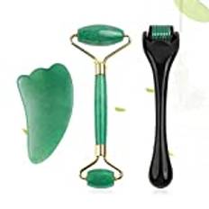 Natural Jade Roller & Guasha Derma Roller Kit Skönhetsmassager för ansikte Dubbelhuvud Massage Roller Facial Lifting Massager-Grön uppsättning Ingen låda