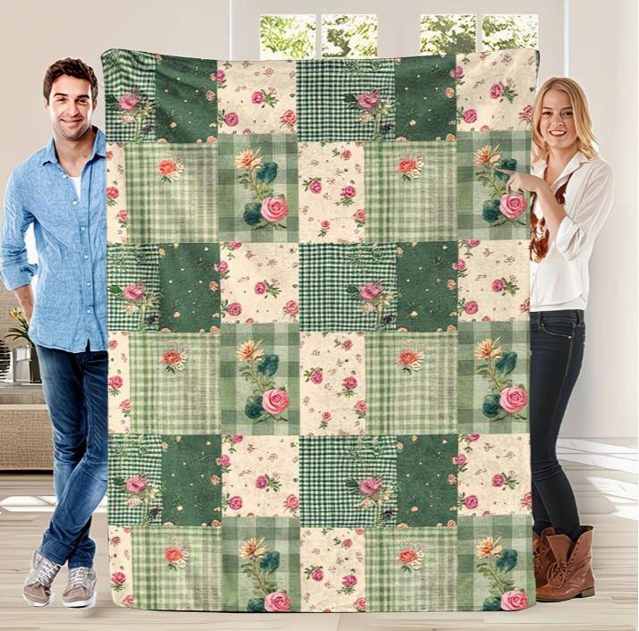 Mjuk Filt | Lapptäckesdesign med Myntgrön, Salviagrön, Vit Blommig och Rutig Tryck Varm för Alla Årstider Countrystil