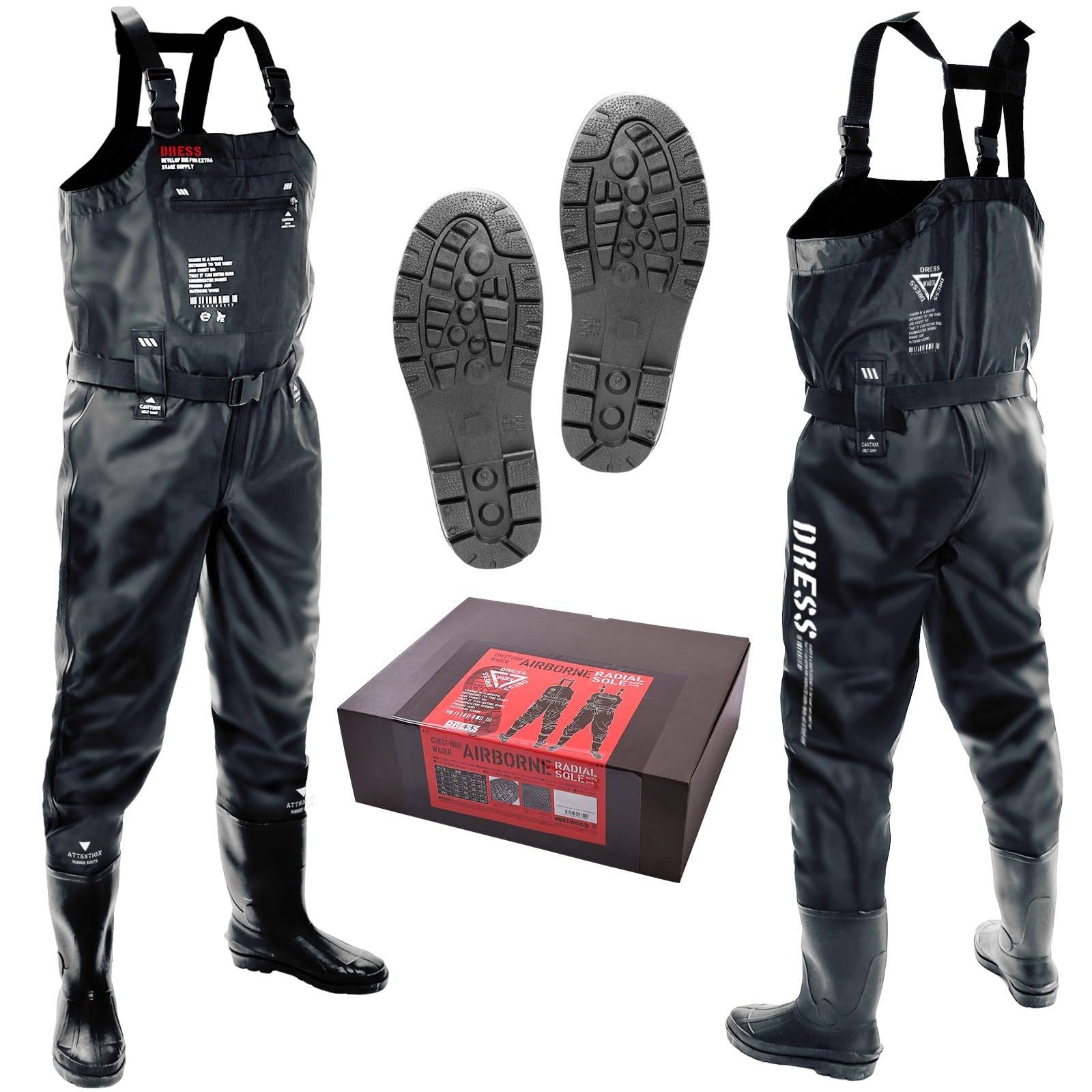 Dress Waders with Radial Size Size Disaster Preparedness Chest-High Sole, AIRBORNE, M, Height 165-170cm, Boots 25-25.5cm, Black, svart