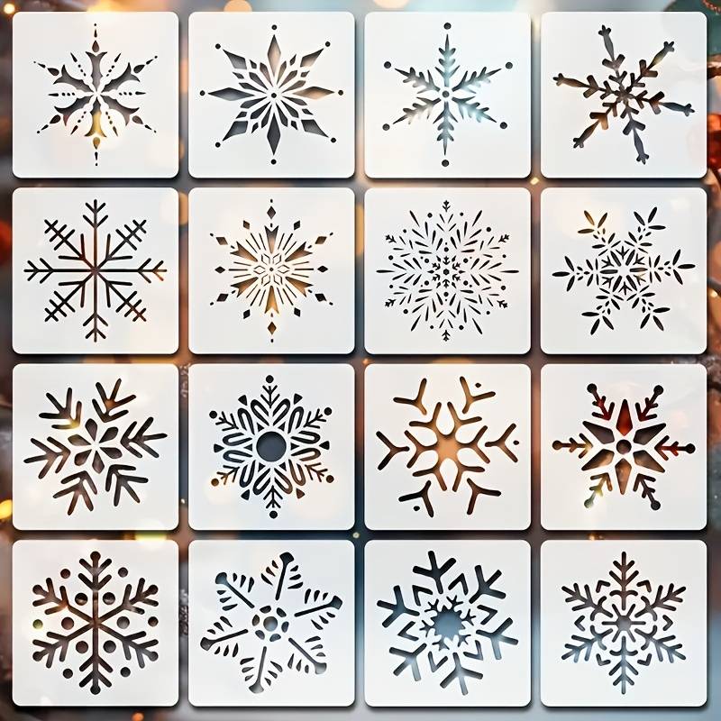 16pcs Snowflake Painting Stencils, 10cm Durable Plastic Christmas Decoration Templates, Designs For Walls, Wood, Fabric Crafts, Coasters, Gift Wrapping, And Holiday Decorations