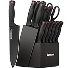 Astercook 15 Piece Knife Set with Sharpener Block - German Stainless Steel, Dishwasher Safe Kitchen Knives with Built-In Sharpener, Black