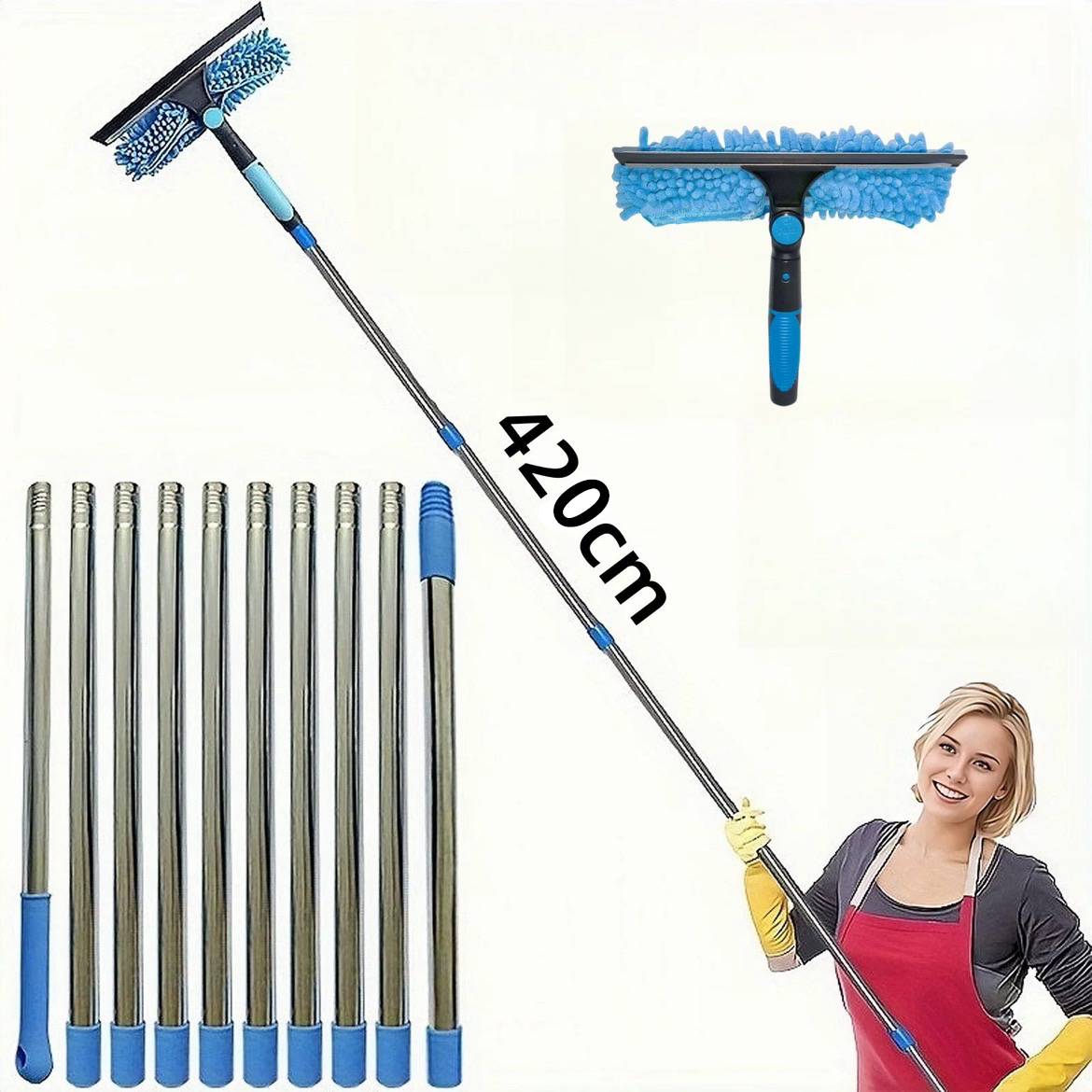 Extended Window Cleaning Kit 2 in 1 Double Sided Glass Squeegee Cleaner Duster Mop 180° Swivel Window Cleaning Tools