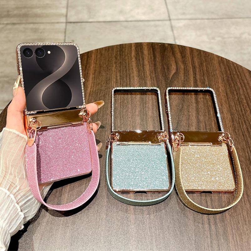 Glitter Strass Telefonfodral För Samsung Z Flip 8 flip8 Galaxy Z Flip 7 7 fe 6 5 4 Galvaniserad Ram Handledsband Skyddande fodral