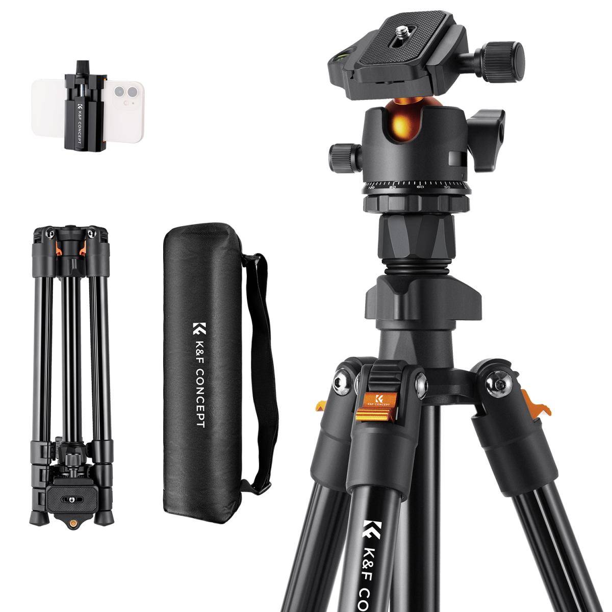 KENTFAITH 64"/1.6m Travel Tripod Lightweight Aluminum Compact Vlog Camera Tripod Flexible & Portable 17.6lbs/8kg Load with Portable, for DSLR Cameras O234A1+BH-36