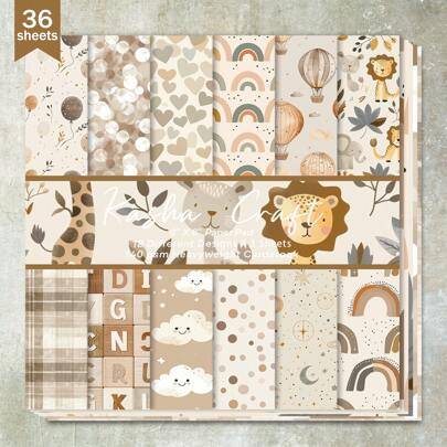 36 ark 6 tum (söta djur regnbågsbrun bakgrund) scrapbookingpapper, lämpligt för bullet journal, scrapbooking, korttillverkning och hantverksprojekt, f - Aprikos