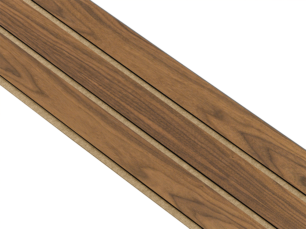 I-Wood Basic 3-lamel paneler med valnød finer, sort kerne i klar oliering - mål 17 x 300 x 2780 mm.