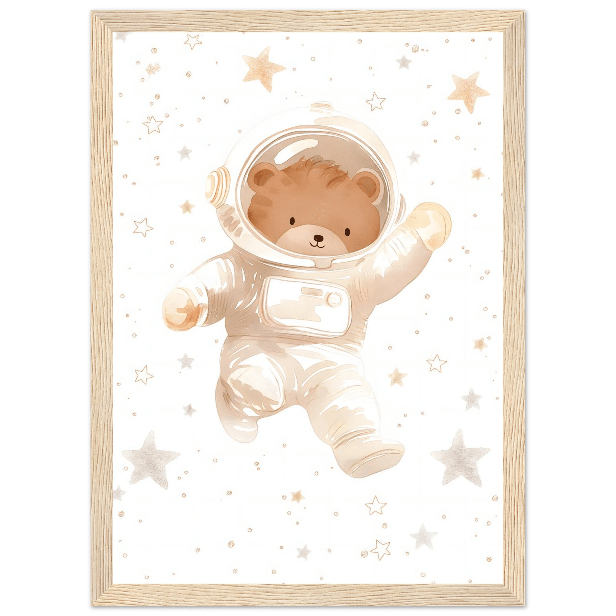 Björn astronaut poster-21x29.7 cm / 8x12" / Med ram / Ljust trä