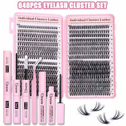 640 st D-Curl ögonfransförlängningskit, 30D/40D/50D franskluster, 5-16 mm blandade individuella fransar, inkluderar franslim, försegling, sminkborttag - Svart