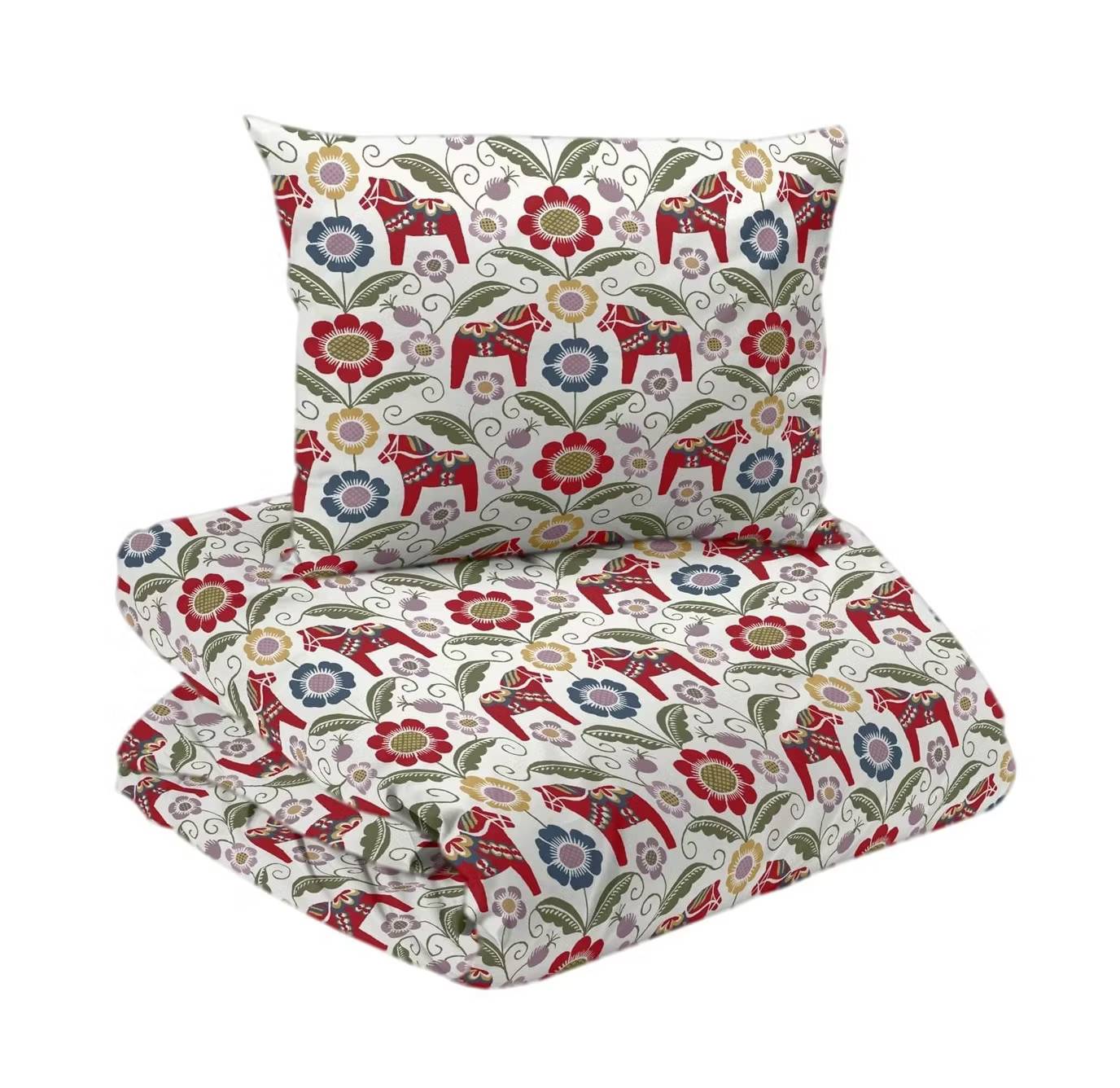 Siljan Vit/Röd Dalahäst Bäddset Enkeltäcke 150x210 Redlunds