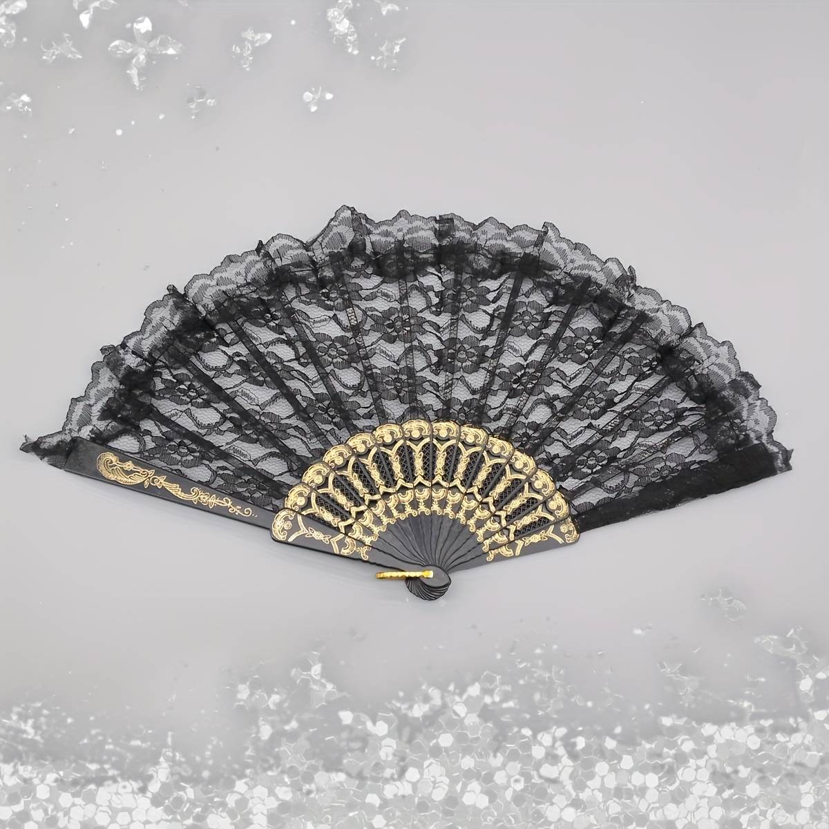 TEMU D 1pc 1920s Lace Handheld Fan Chinese Folding Fan Floral Hand Fan Bridal Dancing Props For Women Wedding Party Favor Decoration