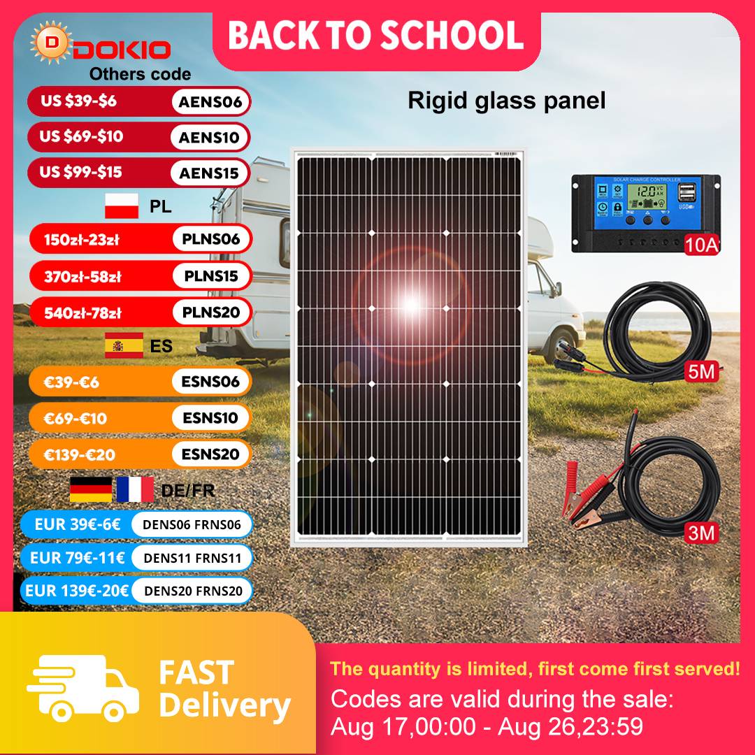 DOKIO 18V 100W Solar Panels/100W Monocrystalline Kit 100 Watt Photovoltaic Waterproof Cell Panel For RV/Home/12V Battery
