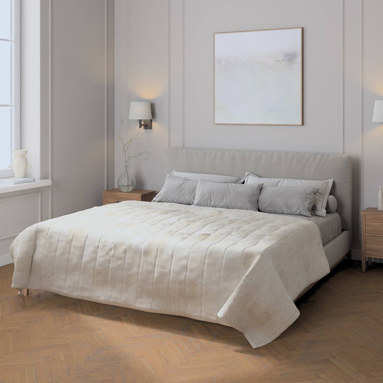 Sengetæppe quiltet<br/>10cm striber, Grå og beige, Secret Garden