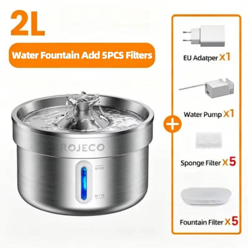 Stainless Steel Smart Pet Water Fountain - Add 5 filters / 2L