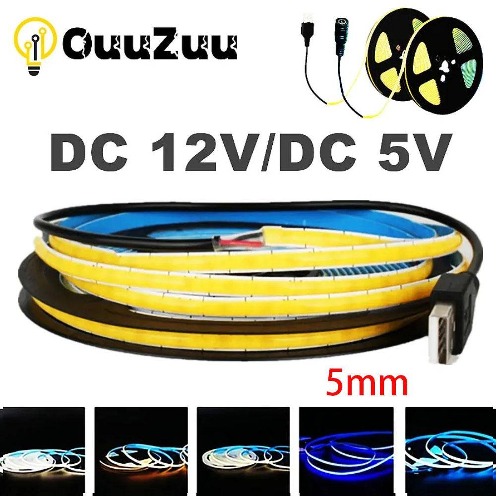 DC 5V 12V USB LED COB Strip 400Leds/m 5mm Vit Varmvit LED Strip Light 1- 10m LED String Light TV Bakgrundsbelysning Tejp Heminredningslampa
