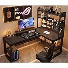 L Shape Desk Solid Wood Writing Desk Modern Computer Desk Bedroom Home Desktop Desk Bookshelf Integrated Desk With Storage Space Shelf Gaming Desk Corner Office Desk - Without Chairs(Black-right,120x1