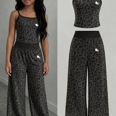 Barn- och tweenflickor stickad camisole-topp och lösa byxor set med cartoonmönster, jogging, semester, grå, sommar, sportig, 80-tal - Vitt (6Y,7Y,8Y,9Y,10Y,4Y,5Y,14Y,11Y,12Y,13Y)