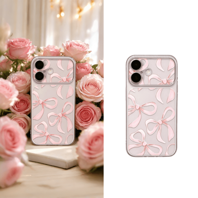 Mjuk handmålad rosa transparent mobilskal med rosett, fräsch ljusrosa med rosetttryck, stor fönsterlinsramdesign, Ins söt tjejstil, full täckning stöt - Genomskinlig (Multi-size)
