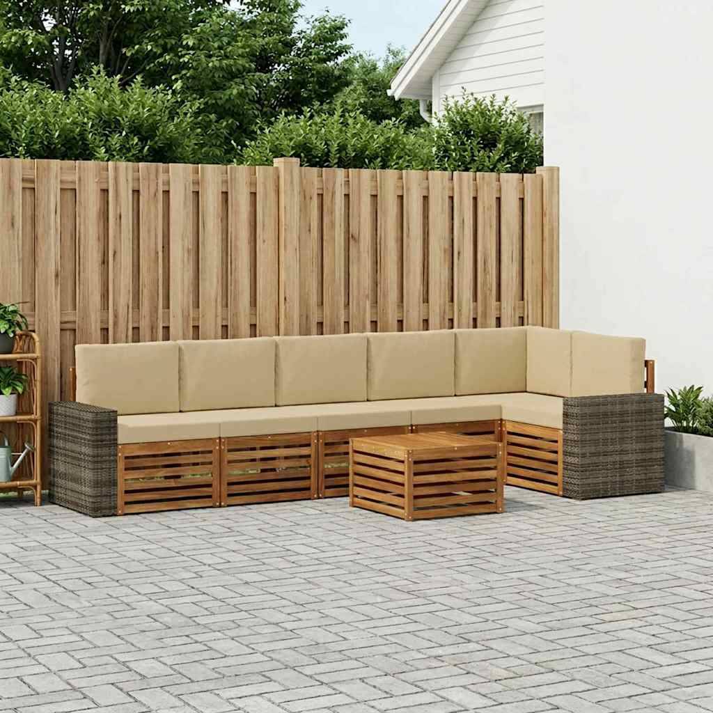 vidaXL Sektionalsofa sæt 7 pcs Naturlig og Beige Massivt Akacietræ