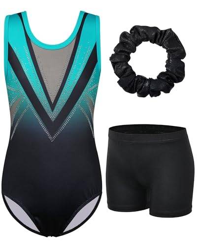 ZNYUNE Mädchen Turnanzug mit hose Haarband Set gymnastikanzug Kinder Shorts trikot turnen Ärmellos/Langarm Kleidung klassisch Turnbody B293 BlackGreen 14A