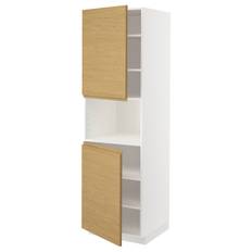 IKEA - METOD højskab til mikroovn med 2 låg/hyld, hvid/Voxtorp egetræsmønstret, 60x60x200 cm