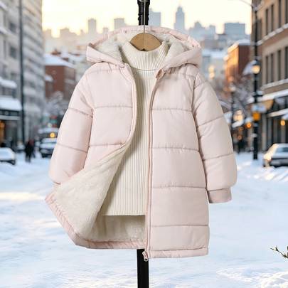 1 st lång quiltad vadderad cardiganhoodie för flickor, nyhet vinter 2026, rosa, i bomull, med dragkedja, ribbade muddar, tjock, varm, moderiktig, avsl - Babyrosa (6Y,7Y,4Y,5Y)