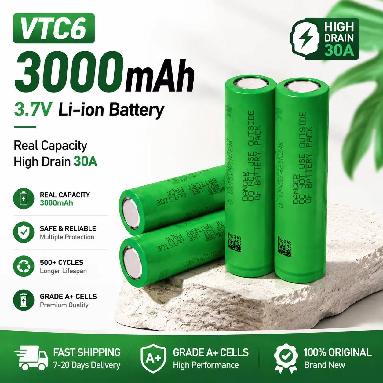 3.7V 3000mAh 18650 VTC6 Lithium-ion Rechargeable Battery Shipped Locally From The European Union, Safe and Durable, High-power 30A Discharge, Suitable for LED Lights and Tactical Lights