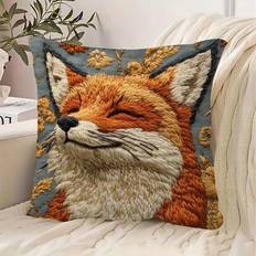1 st. kuddfodral med vintagebroderi och rävdesign, 2D-platttryck, konstbroderat kuddfodral, 45x45 cm, mjuk polyester, för vardagsrums-soffa och sovrum - Multifärgad (45*45)