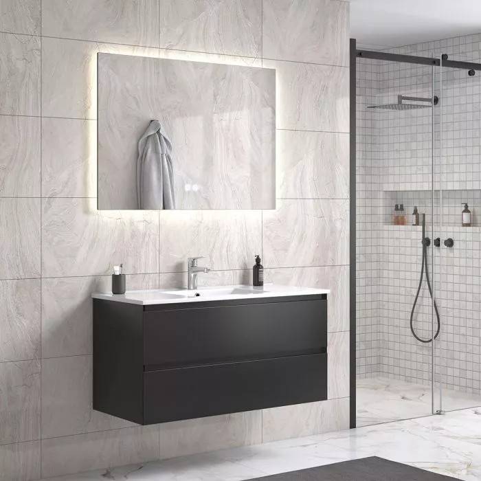 NoraDesign 100 cm badrumsmöbel m/vit handfat och rektangulär spegel