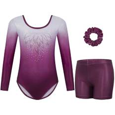 Gogokids Tredelade gymnastiktrikåer för flickor, långärmade, set med shorts och hårband, glittrande, balettdans, dräkter – gymnastikdräkt med tonad färgdesign för 3–12 år, toning lila, 130(120-130