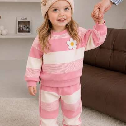 Casual set för babyflicka med tjock, bekväm rosa randig sweatshirt med 3D-blommönster och matchande mjuk sweatshirt-byxor, lämpligt för höst/vinter, v - Multifärgad (6-9M,9-12M,12-18M,18-24M,2-3Y,3-6M)