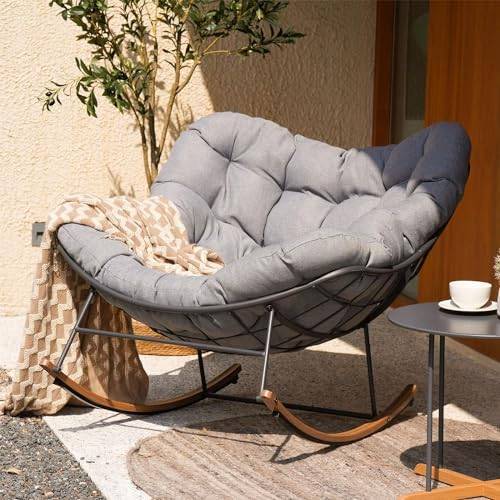 Grand Patio Schaukelstuhl Garten Schwingsessel schaukelsessel Wohnzimmer Relaxstuhl mit gepolsterter, bis 150 kg belastbar für Garten, Schlafzimmer, Wohnzimmer, Ecke, Veranda, Hellgrau