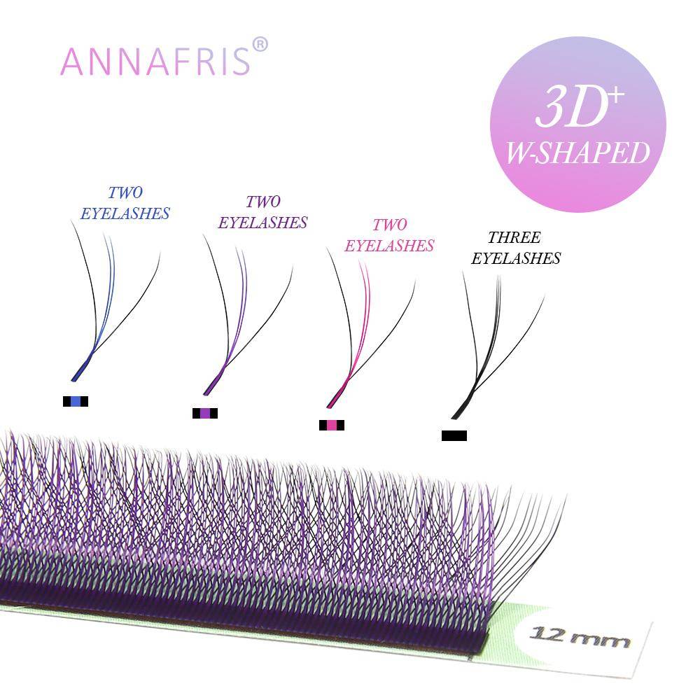 ANNAFRIS Färgad 3D W Premade Volym Fläktfransar Brun Blå Lila W Form Tre kärnor Individuell fransförlängning
