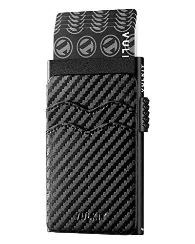 VULKIT Pop Up korthållare smal plånbok med extra läderfack RFID-blockerande metall minimalistiskt kortfodral för män och kvinnor, Kolfiber svart, S, Modern