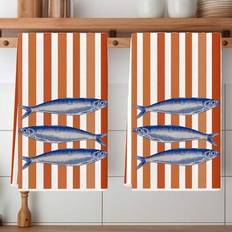 2 st kökshanddukar sardiner orange ränder marin stil bondgårdsstil diskhanddukar kök diskhanddukar köksdekor bordsdekor kökstillbehör för kök matbord (40*60 cm)