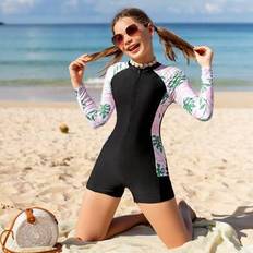 Tween-baddräkt för flickor med tropisk växttryck, lång raglanärm, fritidsshorts för strandsemester - Rosa (8Y,9Y,10Y,11Y,12Y)