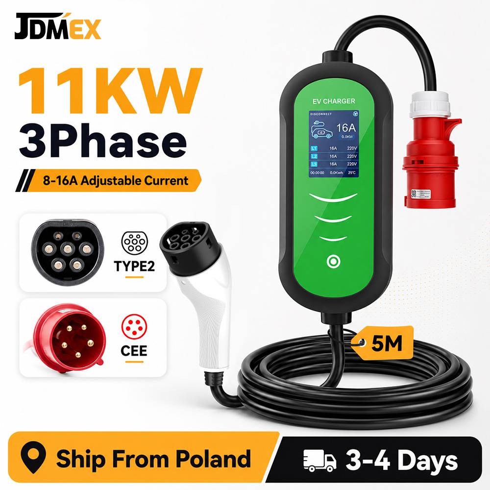 JDMEX 11KW Portable EV Charger Type 2 5M Cable 16A 3Phase IEC62196-2 EVSE Charging Box Adjustable Current CEE Plug Set Charging Time
