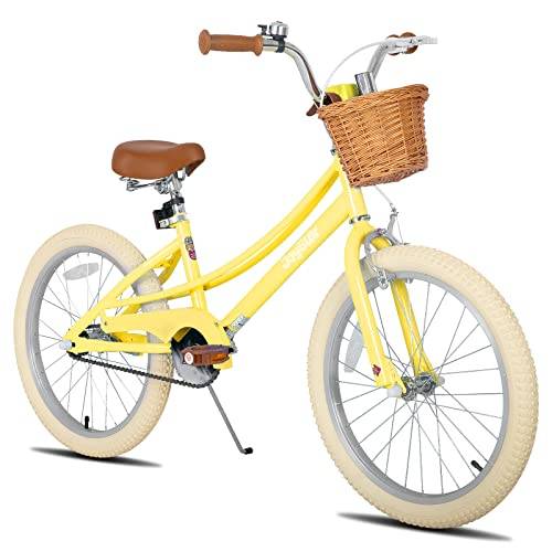 Joystar 20-tums barncykel för 7–10-åriga flickor, med ställ och korg, gul