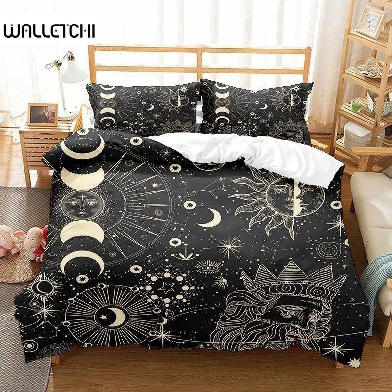 Sol Måne Påslakan KingQueen Storlek, Galaxy Boho Exotiskt Sängklädesset Svart Guld Astrologi Himmelsk Polyester Täcke AU Single 140x210cm