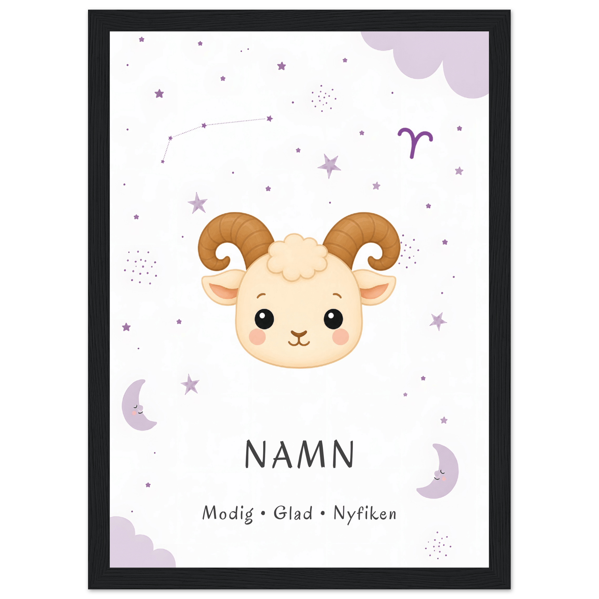 Stjärntecken väduren med namn-21x29.7 cm / 8x12" / Med ram / Svart
