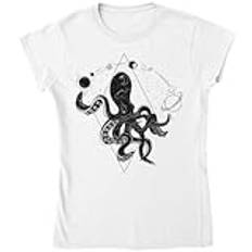 Cool Space Octopus Jonglering Planeter T-Shirt för kvinnor Vit, Vitt, S